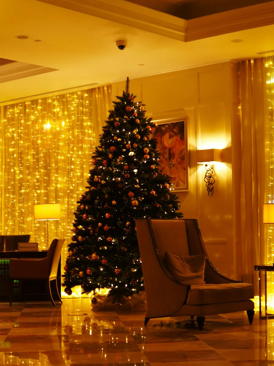 Decorated Christmas tree beside a wall of warm string lights in a hotel lobby